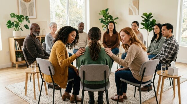 Diverse group of people sitting in a circle for a therapy support group meeting in a bright room with plants and chairs