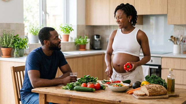 Pregnant woman preparing fresh vegetables with partner at home, healthy pregnancy nutrition, prenatal diet, expectant parents, healthy eating, family lifestyle