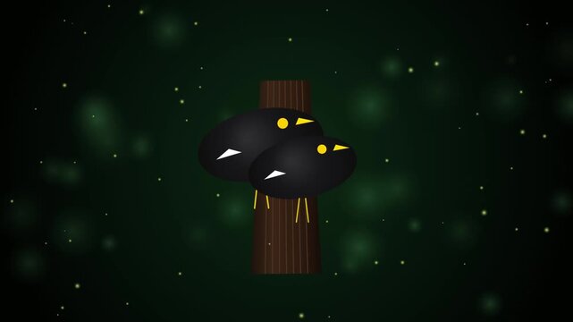Two Minimalist Black Birds Perched on Tree Trunk, Stylized Avian Illustration with Glowing Fireflies in Dark Forest Background