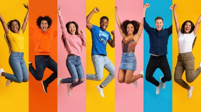 Group of happy young diverse people jumping with joy against colorful vertical stripes background