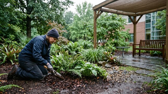Groundskeeper tends a rain garden by clinic seats