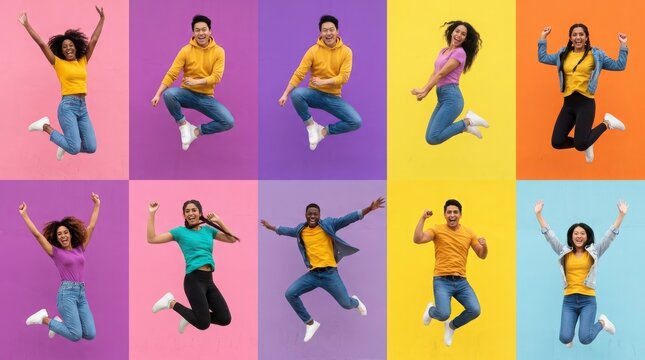 Group of happy young diverse people jumping with joy isolated on colorful backgrounds