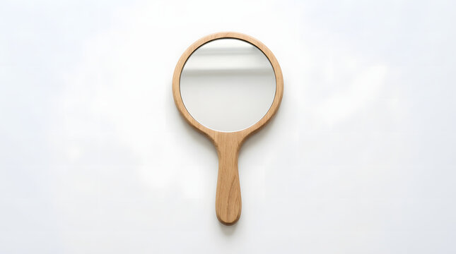 Elegant round hand mirror with a natural wooden frame and handle lying flat on a minimalist white background surface.