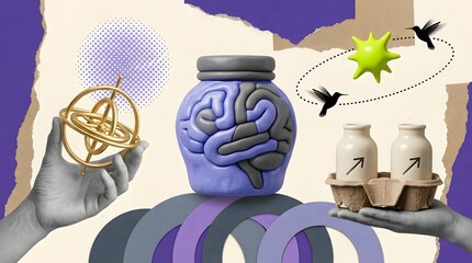 Fototapeta premium Creative surreal collage with clay brain jar armillary sphere and bottles in hands
