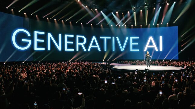 Generative AI presentation on illuminated stage before large audience