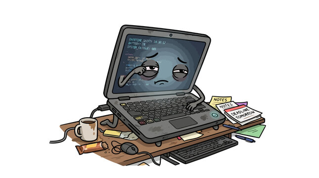 An exhausted laptop cartoon character crying while programming on a messy desk with coffee and code