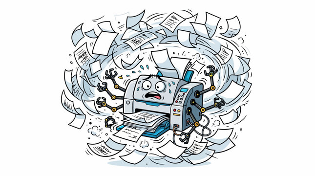 Cute blue printer cartoon character having a paper jam issue with a worried expression and sweat drop