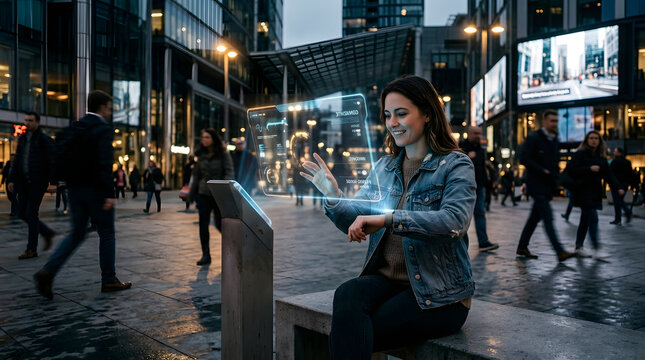 A young woman uses a futuristic holographic touchscreen interface in a modern urban smart city during the evening.