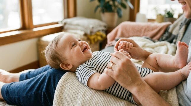 Happy baby laughing and playing with mother hands at home in a bright living room