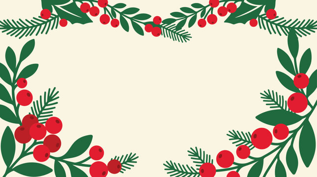 A festive christmas background vector featuring hand drawn holly berries and evergreen pine branches for holiday season card designs