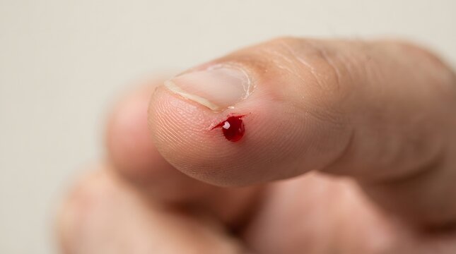 Extreme close-up of a small bleeding wound on a fingertip, illustrating minor injury, first aid, medical treatment, skin damage, and healthcare awareness.