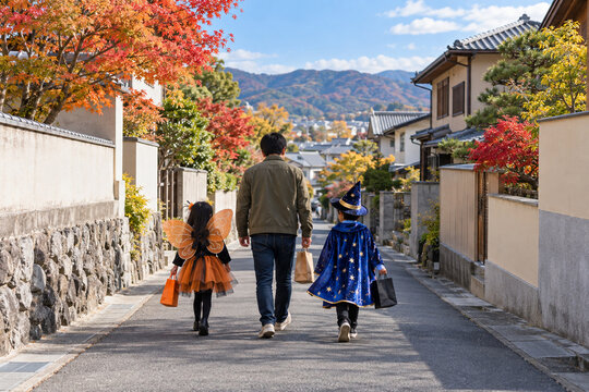 仮装した子どもと父親の後ろ姿