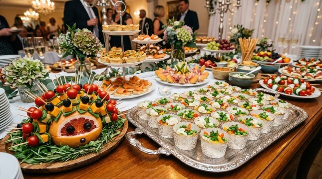 Large buffet table with variety of delicious finger food appetizers and snacks for a party or event celebration in a restaurant