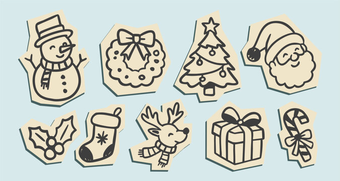Cute hand drawn Christmas scrapbook sticker set doodle vector illustration