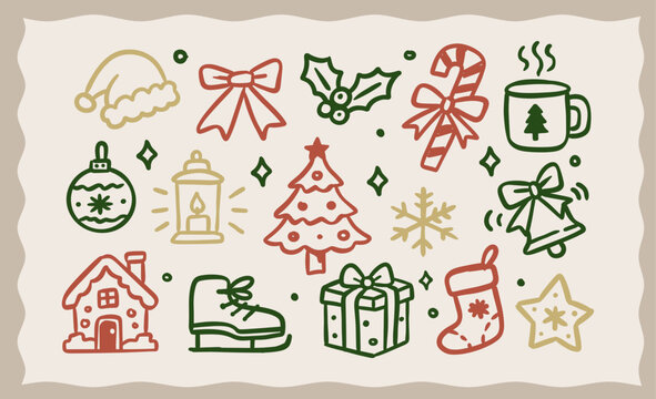 Colorful hand drawn Christmas doodle vector set. Festive winter holiday line art elements
