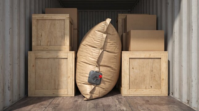 Dunnage air bag cargo stabilization packaging inflated between freight loads inside shipping container to prevent movement during transportation with realistic freight logistics materials
