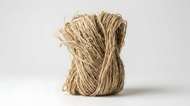 Natural textured roll of jute twine string isolated on white background for DIY crafts and eco-friendly packaging.