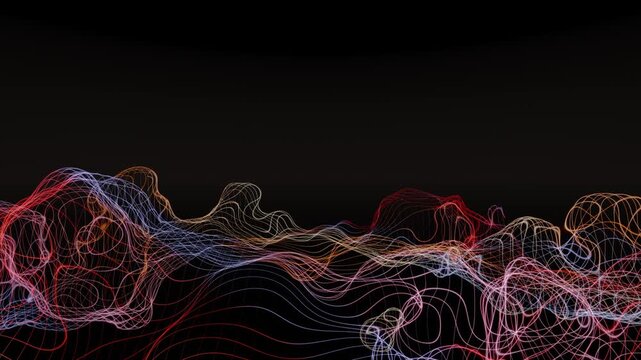 Flying through warm orange and white glowing mountain lines, tangled luminous wireframe landscape on black, seamless 4K loop