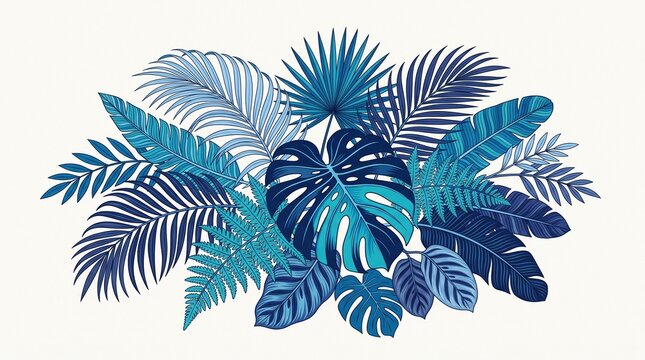 Exotic tropical foliage bouquet showcases blue monstera and palm leaves on a neutral backdrop.