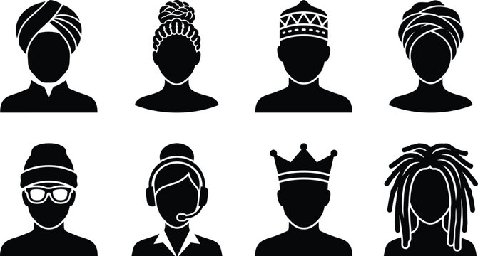 Diverse Avatar Icon Set - Black vector silhouettes of multicultural people, customer support, and user profile portraits.