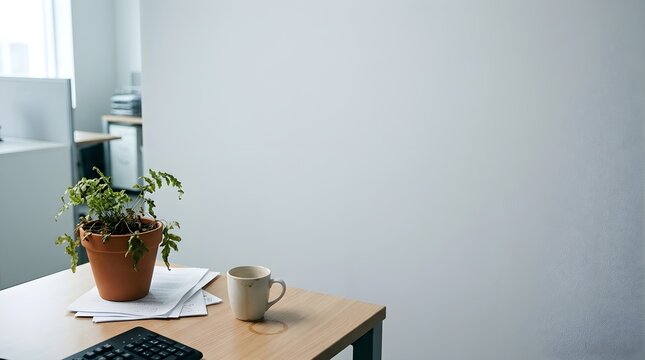 Dying wilted potted fern plant on wooden office desk with coffee mug stain, papers, and keyboard, symbolizing work burnout.