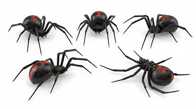 Five black widow spiders on a white background.