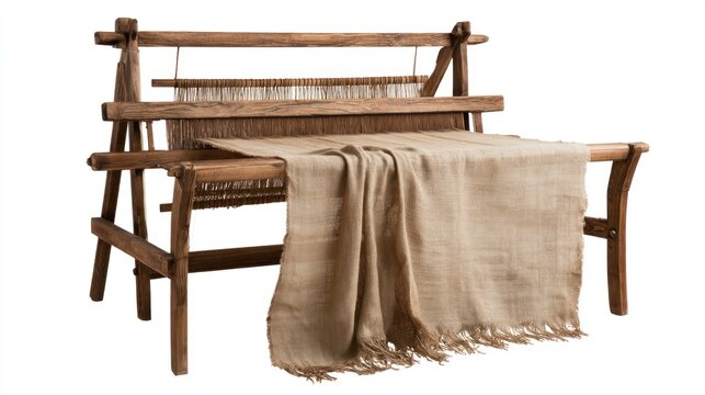 Vintage Wooden Handloom with Woven Linen Fabric Isolated on White Background