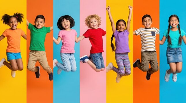 Group of happy diverse children jumping together in front of a colorful wall with bright clothes and cheerful expressions