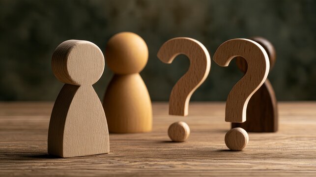 Concept of recruitment and search for candidates with wooden human figures and question marks on wooden table