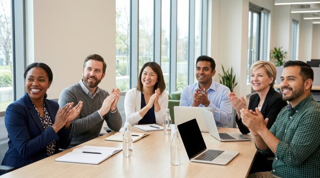 Diverse professional business team applauding together at a meeting table in a bright modern office workspace with laptops