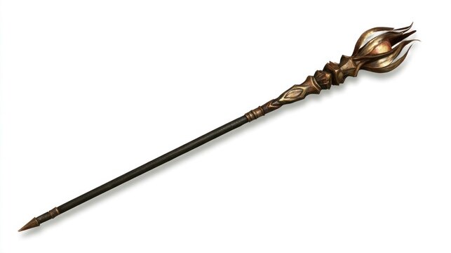 Ornate fantasy magic staff with bronze floral head isolated on white background