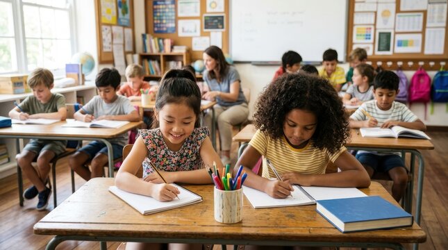 Diverse group of happy young students sitting at desks in a bright classroom writing in notebooks during a school lesson