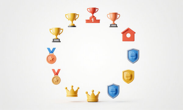 set colorful achievement icons arranged circular composition soft diffused studio lighting featuring trophies podiums