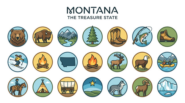 A comprehensive collection of Montana icons and state symbols featuring wildlife, wilderness, mountains, and traditional outdoor adventure activities in a stylish circular design