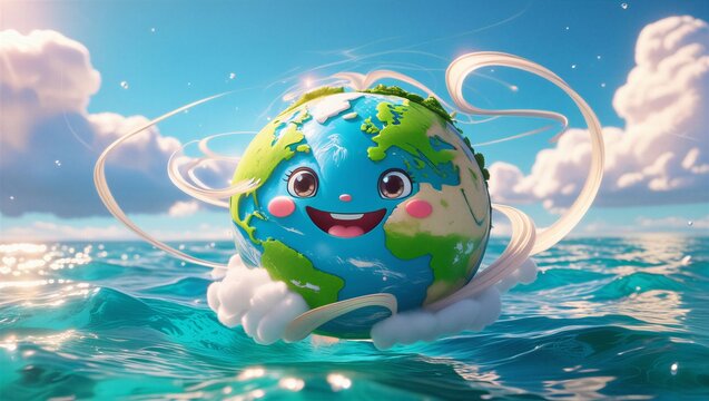 Smiling cartoon Earth floats on bright blue ocean waves under a clear sky. Swirling white clouds or wind wrap around planet. Nature, climate, travel, and fun.