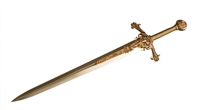 Ornate Golden Longsword with Intricate Filigree Details Isolated on White Background