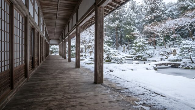 Covered wooden corridor overlooking a snow-covered garden