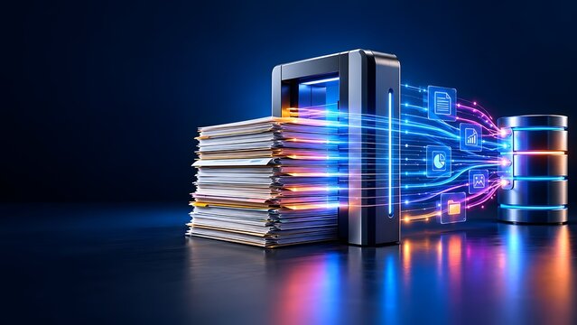 Digital transformation of paper documents into data abstract glowing lines connect stacks of files to a server and database representing data migration and processing