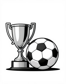 shiny silver trophy cup intricate designs small handle sitting adjacent slightly deflated soccer ball black