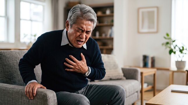 Senior Asian man clutching chest in sudden pain while sitting on living room sofa
