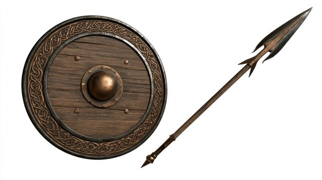 Medieval Round Wooden Shield with Celtic Knotwork and Iron Spear Isolated on White Background