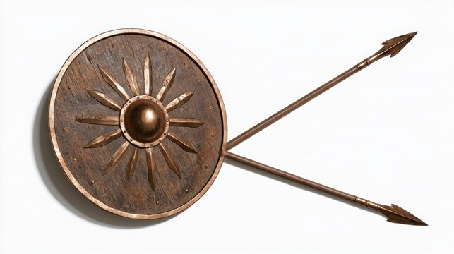 Ancient Bronze Shield and Crossed Spears Isolated on White Background