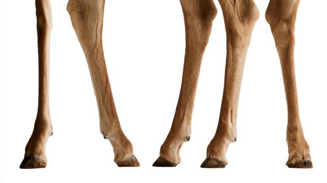 Close-up of multiple deer legs and hooves isolated on white background