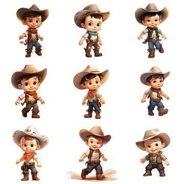 Collection of cartoon cowboy kid characters wearing hats and western clothing on black background