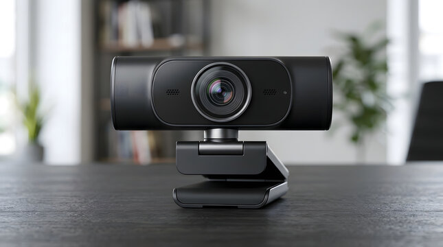Professional high-definition webcam on a dark wooden desk in a blurred office setting for remote business video calls.