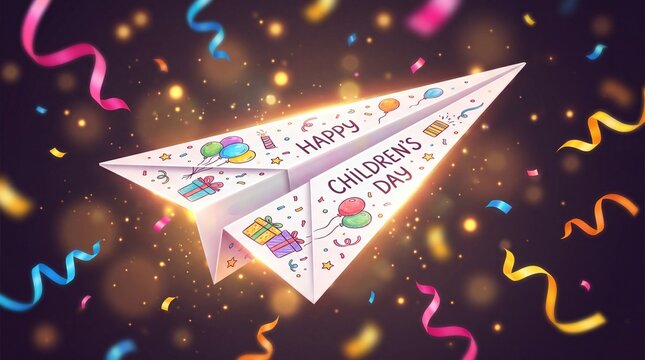 Happy Children's Day paper airplane banner, festive party background