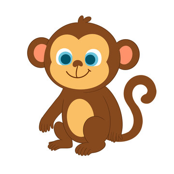 Cute cartoon monkey character illustration with a brown body, beige face and belly, large blue eyes, pink inner ears, and a long curled tail