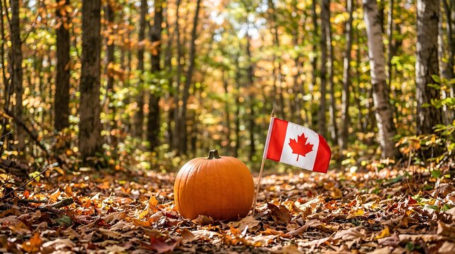 Pumpkin and Canadian flag on forest floor during autumn season.
