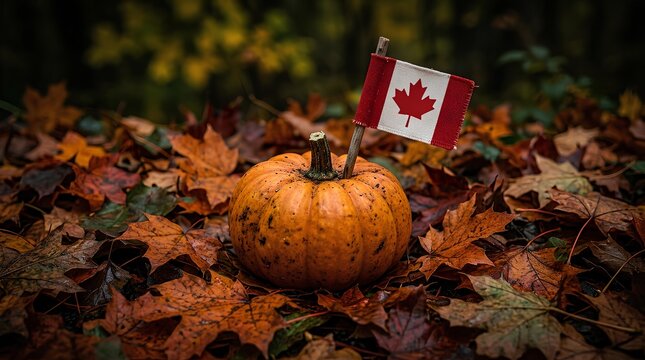 Pumpkin with Canadian flag nestled in a bed of colorful autumn maple leaves.