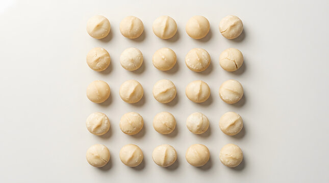 A minimalist overhead view of a perfectly organized grid of raw shelled macadamia nuts on a white background.